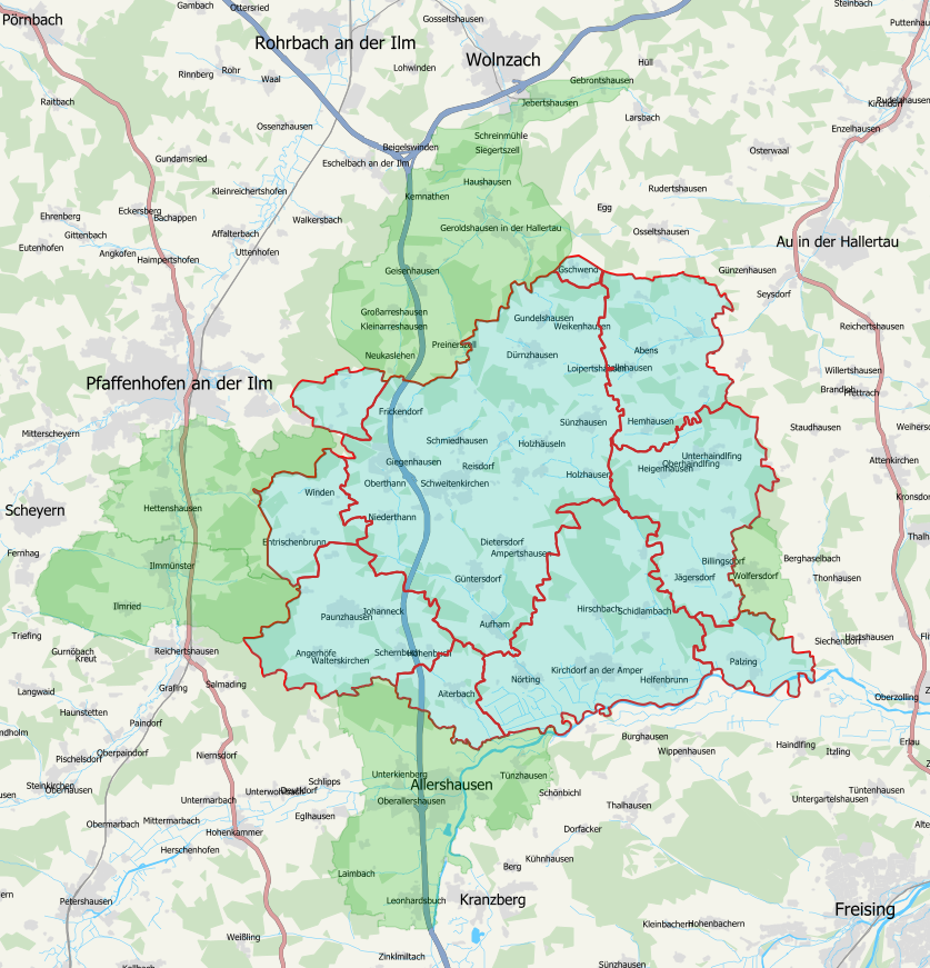 Verbandsgebiet mit technischer Betriebsführung Die Karte zeigt den Zuständigekitsbereich des Wasserzweckverbandes Paunzhausen.